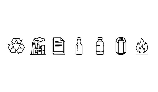 Waste sorting linear icons recycling pollution plant and garbage types thin line vector symbols for modern interface design