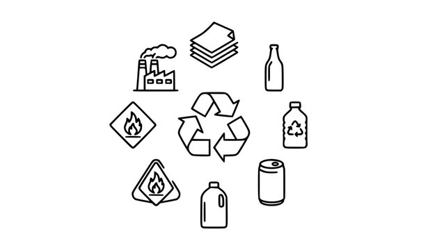 Eco recycling and waste sorting line icons thin outline vector set with pollution plant and garbage categories for sustainability design
