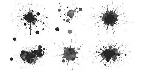 Set of black ink splashes and paint splatter shapes for creative design projects