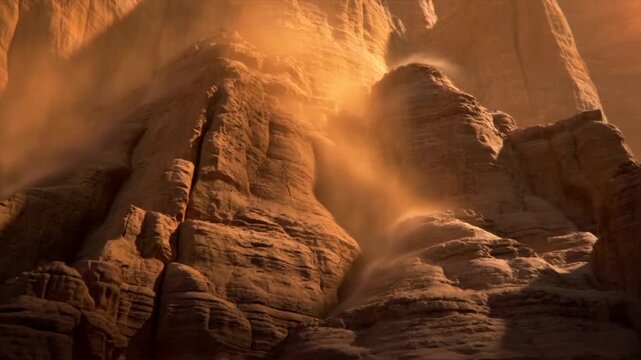 Slow motion pan across sandstone cliff with dust cascading down canyon wall at sunset in desert