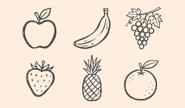 Simple illustrations of strawberries apples grapes bananas oranges and pineapples