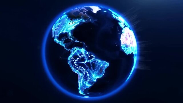 Slow tracking aerial shot of earth rotating and revealing glowing digital network connections across continents in orbiting space at night