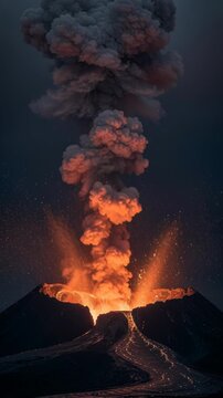 Powerful volcanic eruption with glowing lava and thick smoke at night.