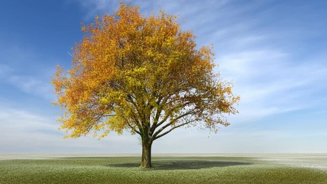 Time lapse static shot of single tree transitioning from winter frost to spring bloom to autumn foliage in open grassy field
