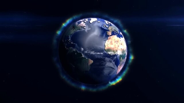 Slow motion tracking zoom of rotating earth sphere revealing continents and atmospheric glow in outer space with halo illumination