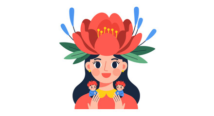 Naklejka premium Whimsical Illustration of a Woman with a Large Red Flower Crown Nurturing Tiny Figures on White Background