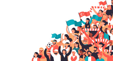 Fototapeta premium Crowd of Diverse Fans Cheering at Sports Match in Stadium with Flags and Soccer Ball, Flat Vector Illustration with Copy Space