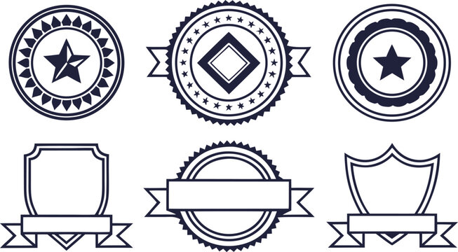 Set of six vintage style circular and shield shaped badges with ribbons on white background