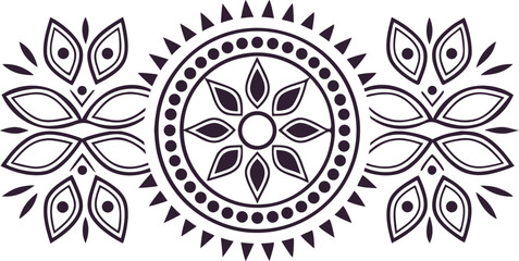 Dark brown symmetrical floral border ornament with central mandala on white © Vector Art