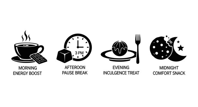 Daily Food and Drink Icons: Morning Coffee, Afternoon Snack, Evening Treat, Midnight Snack