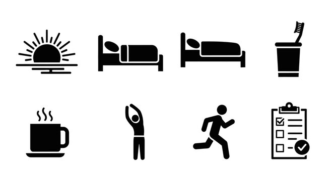 Daily Routine Icons: Sunrise, Sleep, Hygiene, Coffee, Exercise, Run, Checklist