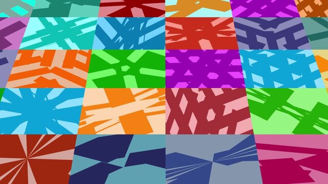 A kaleidoscope of colorful geometric shapes and patterns shifts and blends, creating a visually stimulating abstract composition
