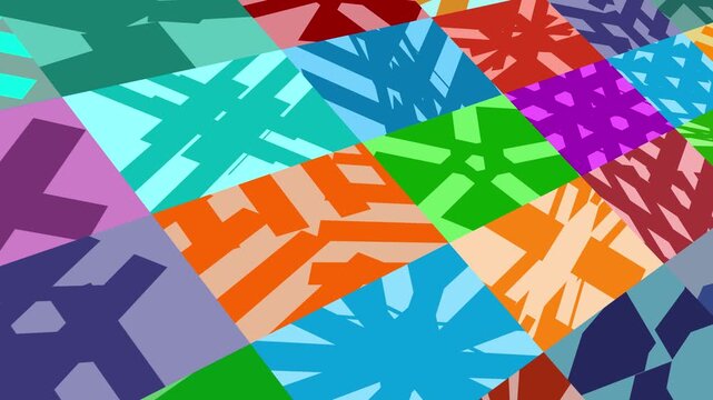 A kaleidoscope of colorful geometric shapes and patterns shifts and blends, creating a visually stimulating abstract composition