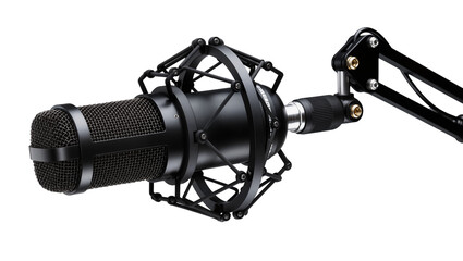 Professional black studio microphone with shock mount and boom arm, isolated on transparent background © Corotaev