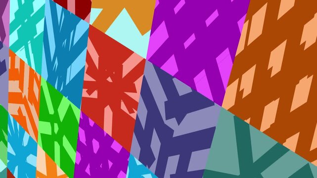 A kaleidoscope of colorful geometric shapes and patterns shifts and blends, creating a visually stimulating abstract composition