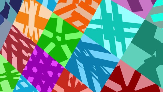 A kaleidoscope of colorful geometric shapes and patterns shifts and blends, creating a visually stimulating abstract composition