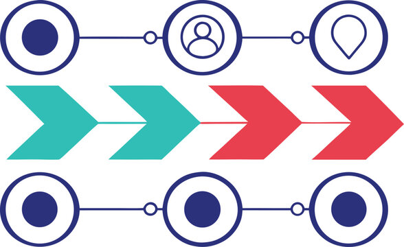 Process flow diagram with numbered circles and teal and red directional arrow shapes