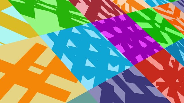 A kaleidoscope of colorful geometric shapes and patterns shifts and blends, creating a visually stimulating abstract composition