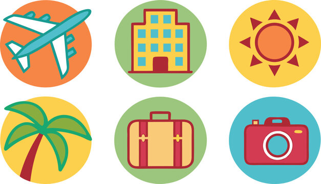 Set of six colorful travel in circles featuring airplane, building, sun, palm tree, luggage