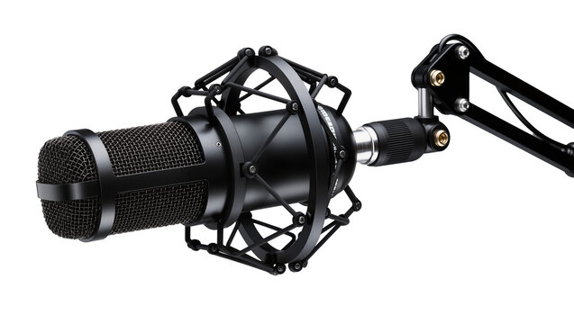 Professional black studio microphone with shock mount and boom arm, isolated on transparent background