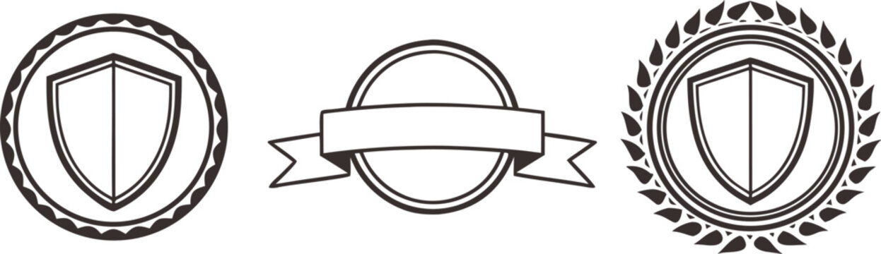 Set of three circular emblems with shields and laurel wreaths on a white background