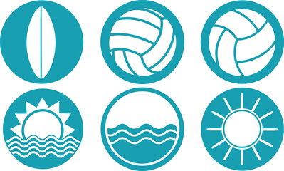 Fototapeta premium Set of six teal circular featuring surfboard, volleyball, sun, and ocean wave