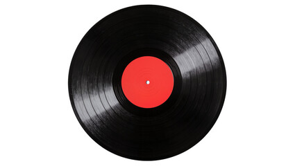 Black vinyl record with red label, isolated on transparent background © Corotaev