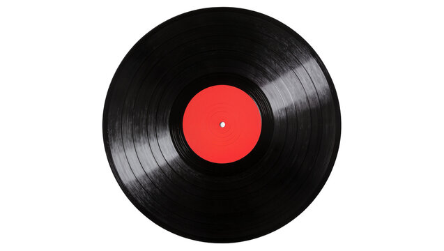 Black vinyl record with red label, isolated on transparent background
