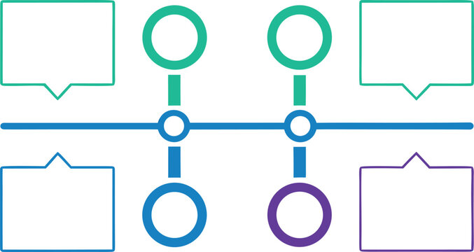 Business timeline infographic with four circular and text boxes on white background