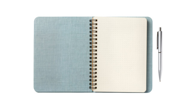 Light blue textured notebook with dot grid pages and silver pen, isolated on transparent background