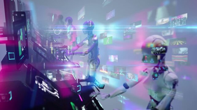 small videos in collage or montage in technology theme overlaped Ai humanoids characters working on computer. High tech animation