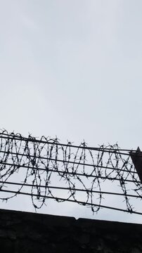 Barbed wire fence rows silhouetted against white overcast sky on concrete wall security barrier boundary prison concept