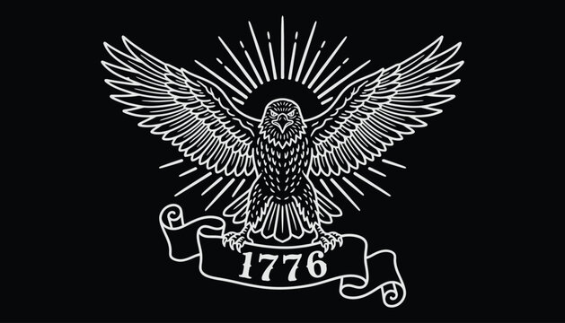Eagle line art illustration with 1776 banner and sunburst for patriotic heritage themes