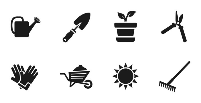 8 Gardening icons watering can trowel flower pot wheelbarrow rake, outline solid styles, UI and web interface design