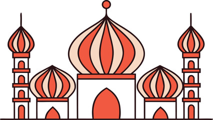 Stylized mosque building with multiple domes and towers in red and peach color scheme © Vector Art