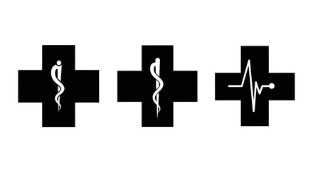Fototapeta premium Medical Symbols: Caduceus, Rod of Asclepius, and ECG Line on Crosses