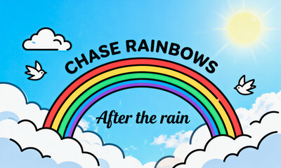 Naklejka premium This is a flat cartoon style illustration featuring a rainbow over fluffy clouds under a sunny blue sky, with inspirational text encouraging viewers to chase hope after hardship.