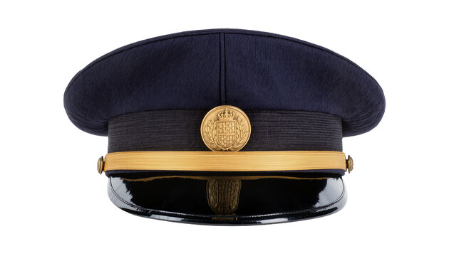 Dark blue peaked cap with gold emblem and trim, isolated on transparent background
