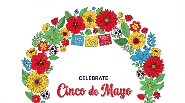 Wreath-shaped vector flowers with the words "Celebrate Cinco de Mayo"