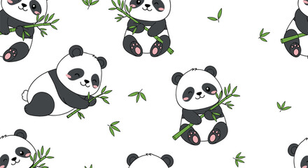 Seamless pattern with cute panda characters eating bamboo playful cartoon animal background vector illustration for kids fabric wrapping paper and nursery design © EdGe Creative
