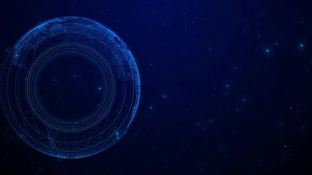 Digital globe ring copy space blue wire earth, circular HUD arcs, star particles, and dark empty area. for global technology videos, news intros, AI screens, business promos, and network overlays.
