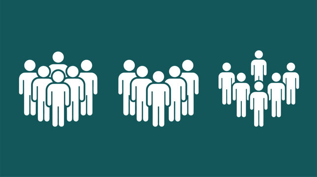 Stylized human group icons showing decreasing population sizes, representing demographics, segmentation, distribution, teamwork, community, and social concepts