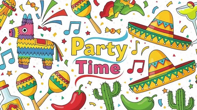 Vector fiesta icons collage, text &ldquo;Party Time&rdquo;