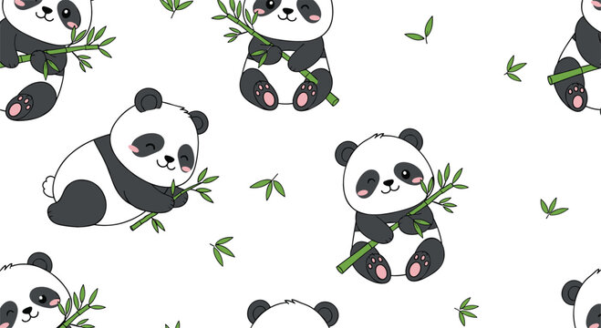 Seamless pattern with cute panda characters eating bamboo playful cartoon animal background vector illustration for kids fabric wrapping paper and nursery design