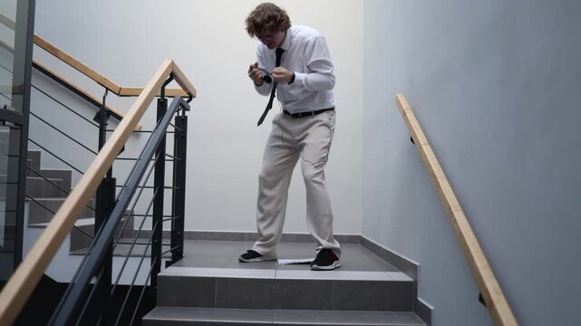 Startup founder loses control on office stairs throwing headset after hidden deal mistake feeling rage stress and betrayal reacting to failed business situation