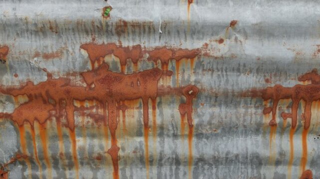 Heavily rusted corrugated metal zinc sheet with orange brown rust holes and corrosion texture industrial grunge background