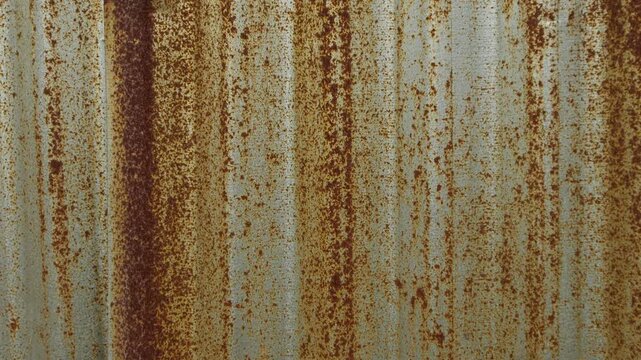 Heavily rusted corrugated metal zinc sheet with orange brown rust holes and corrosion texture industrial grunge background