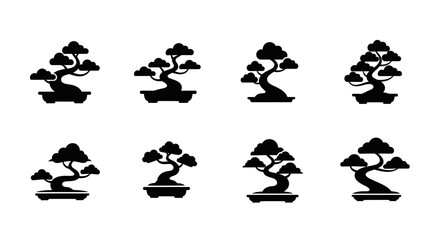 Obraz premium Set of Eight Black Bonsai Tree Silhouettes in Pots