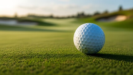 Obraz premium Golf ball on green grass course with blurred landscape background sports concept