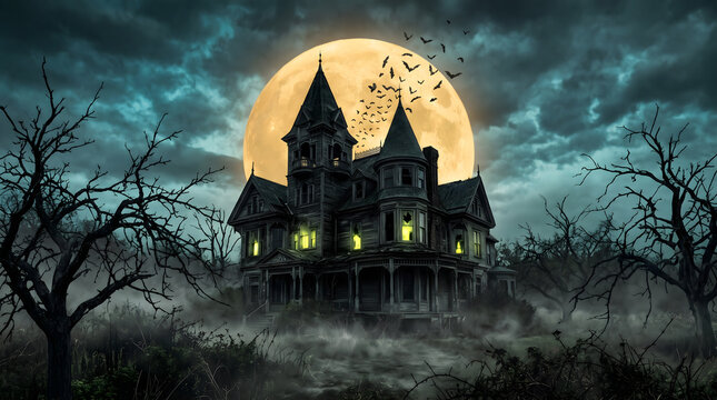 Spooky haunted mansion on a hill under a glowing full moon and stormy sky